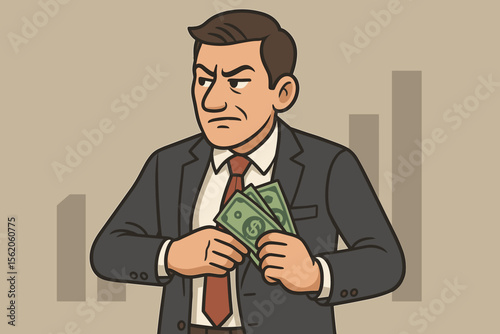 Shifty businessman hiding illegal cash money. Concept for financial fraud, corporate crime, corruption, tax evasion, and money laundering. Unethical greedy character vector illustration.