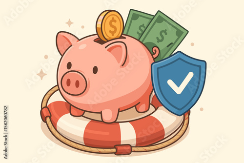 Cartoon piggy bank with cash and coin on a lifebuoy next to a security shield. Concept of financial assistance, insurance, savings protection, investment safety, and retirement fund.