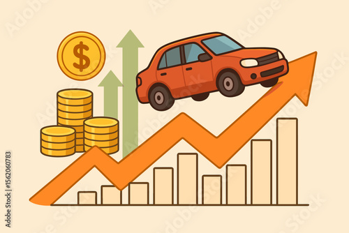 Automotive financial growth concept. Red car on upward trend arrow graph with dollar coins. Metaphor for increasing car sales, loan rates, insurance prices, or market success.