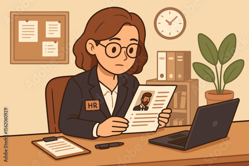HR manager reviewing job application. Woman recruiter reading candidate CV for hiring process. Human resources professional examining resume for an open position. Cartoon vector illustration.
