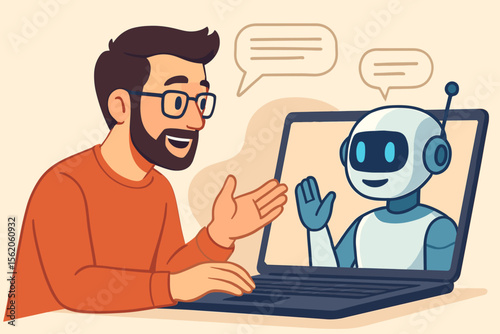 Human-AI interaction concept. Man talking to a friendly chatbot robot on a laptop screen. Virtual assistant, artificial intelligence, and customer service technology vector illustration.