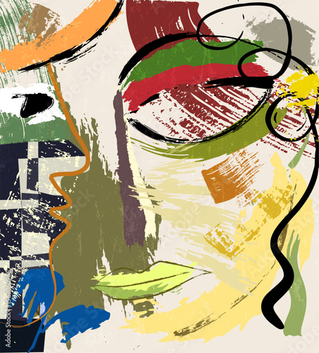 abstract colorful background, illustration with lines, waves, circles, paint strokes and splashes, face or mask