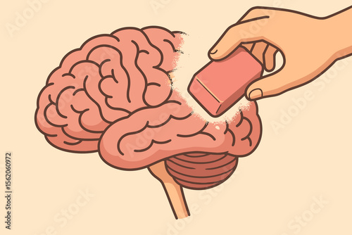 Hand with eraser erasing human brain. Metaphor for memory loss, amnesia, Alzheimer's disease, dementia. Concept of forgetting, cognitive decline, brain damage, mental disorder.