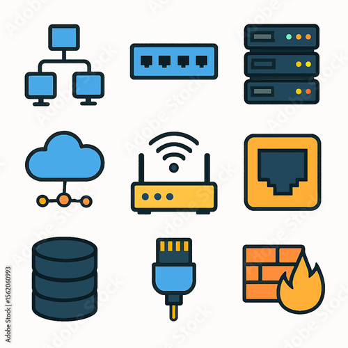 Colorful vector illustration of network infrastructure and connectivity icons
