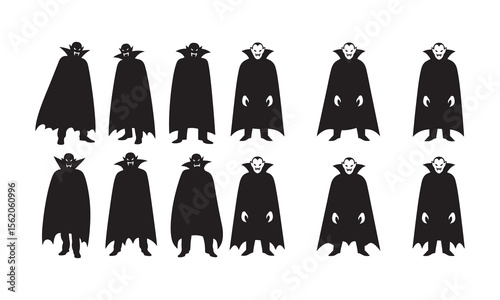 Vampire Silhouette Set with Cape and Fangs – Minimal Black and White Vector Art

