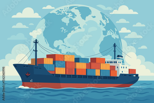 Industrial cargo ship with containers sailing on the ocean for worldwide maritime shipping. Global logistics and freight transportation concept. International trade and import/export business vector.