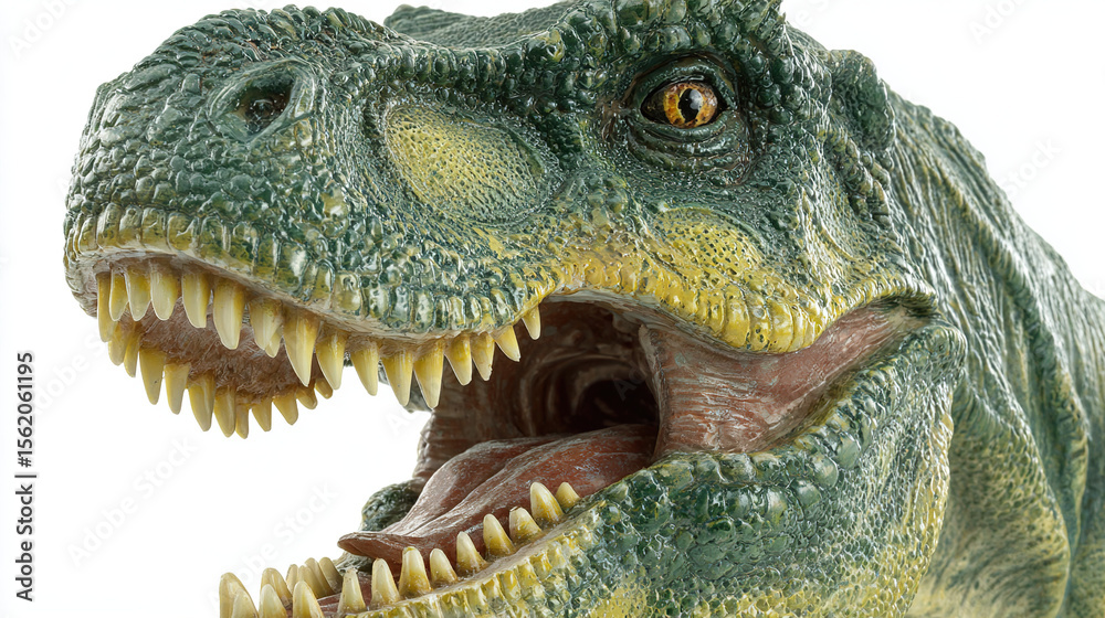 Obraz premium Menacing T-Rex figurine with razor-sharp teeth, isolated on white, showcasing primal ferocity and intricate craftsmanship.