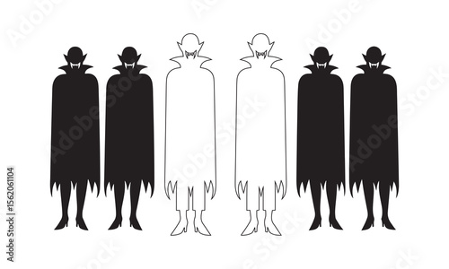 Vampire Silhouette Set with Cape and Fangs – Minimal Black and White Vector Art

