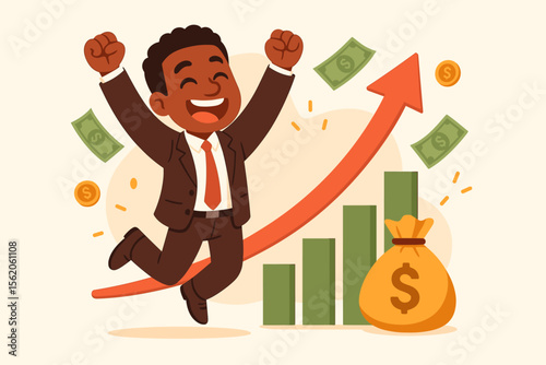 Happy black businessman celebrating financial success and income growth. Joyful entrepreneur excited about profit, investment return and good sales. Vector cartoon illustration.