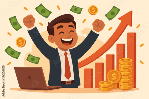 Happy businessman celebrating financial success. Joyful entrepreneur with money rain, profit growth chart. Concept of successful investment, income increase, wealth, and achievement.
