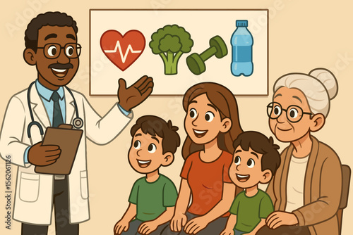 Black doctor advises family on healthy lifestyle. Physician consultation with patients about nutrition, exercise, and heart health. Healthcare prevention concept vector cartoon.