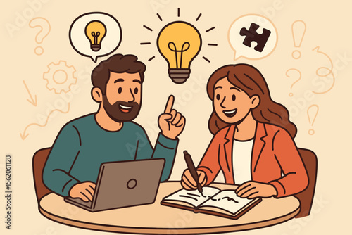 Teamwork and collaboration concept. Man and woman sharing creative ideas, brainstorming for a solution. Business colleagues in a meeting problem-solving. Innovation vector illustration.