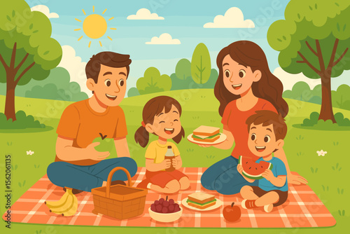Happy family on a summer picnic in the park. Parents with kids eating lunch on a blanket. Mother, father, son, and daughter enjoying food together on a sunny day. Cartoon illustration.
