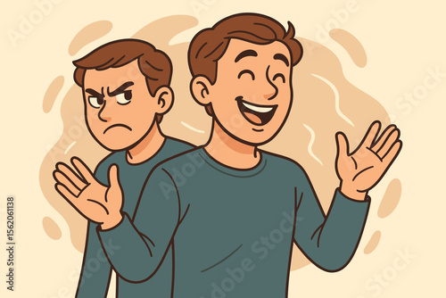 Bipolar disorder metaphor with happy and angry man. Mood swings concept. Split personality, mental health illustration. Psychology. Emotional instability and variability. Two faces.