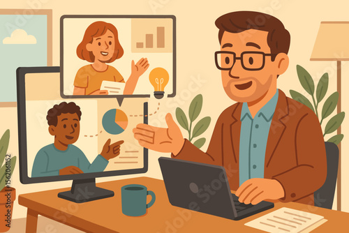Manager leads virtual team meeting. Diverse employees collaborate on project in online video conference. Remote work from home, telecommuting, business communication, brainstorming idea.