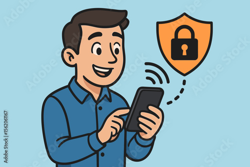 Man using secure mobile phone connection concept. Cybersecurity and data privacy. Happy cartoon character with smartphone and shield with lock icon. Vector illustration for network safety.