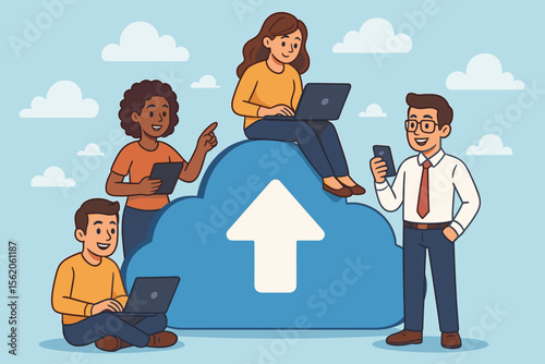 Diverse Group of Men and Women Using Cloud Computing Services with Laptops and Smartphones, Teamwork Technology Concept, Cloud Storage and Data Sharing Illustration