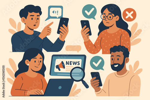 People fact-checking news on social media to combat misinformation and fake news. Concept of verifying information, media literacy, and fighting propaganda. Vector illustration set.