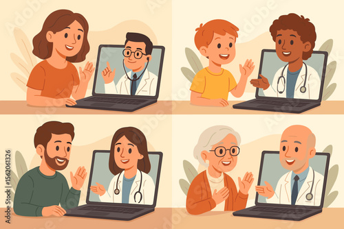 Online doctor consultation set. Telehealth and telemedicine concept with diverse patients of various ages having video calls with medical specialists on laptops. Remote healthcare.