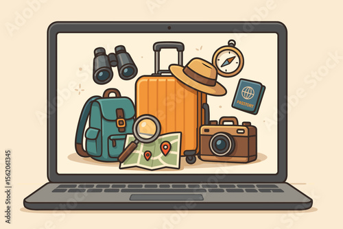 Concept of planning a trip and booking a vacation online. Travel essentials and luggage on a laptop screen. Backpack, passport, map, camera for a journey. Tourism vector illustration.