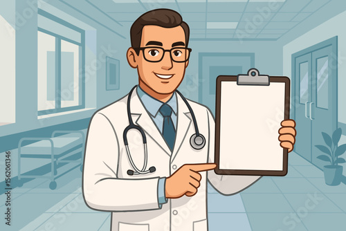Smiling male doctor in a hospital corridor holding a blank medical clipboard. Confident physician character pointing to paper for text. Healthcare and medicine concept vector illustration.