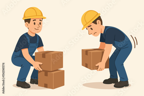 Proper and improper lifting technique guide. Man demonstrating correct and incorrect posture for manual handling of heavy boxes. Workplace safety, ergonomics, back pain prevention.