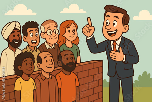 Politician making campaign promises to diverse voters behind a brick wall. Metaphor for political division, populism, broken promises, and social inequality. Vector cartoon illustration.