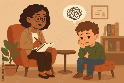 Child psychology session. Professional therapist helping young boy with tangled thoughts, anxiety, depression, mental health. Cartoon illustration for therapy, counseling, support, care.