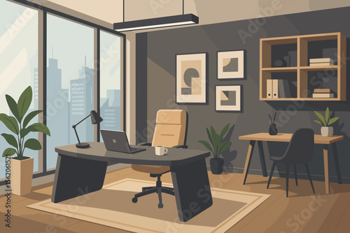 Modern office interior with contemporary furniture. Empty stylish corporate workspace with desk, laptop and chair. Executive room with city view. Business vector background concept.