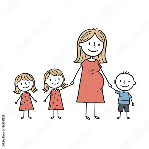 A happy pregnant woman with three kids holding hands depicts family love and the joy of new life.