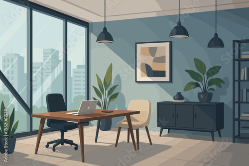 Modern office interior with furniture. Contemporary workspace design with city view from a large window. Corporate business workplace concept with desk, laptop. Vector illustration.