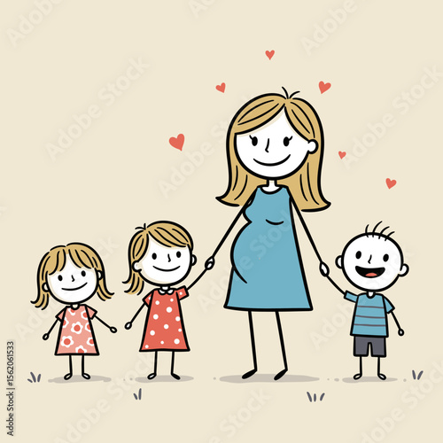 Pregnant woman with children, a stick figure illustration conveying family love and maternal happiness, with a soft, neutral background.