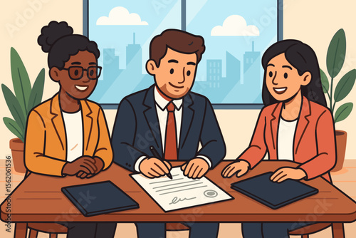 Business people signing a contract. Diverse startup founders making a deal. Partnership agreement concept. Team collaboration in an office meeting. New venture. Cartoon vector illustration.