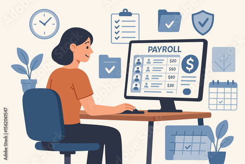 Payroll management concept with HR specialist using online software. Efficient financial administration, employee salary payment, and compliance. Human resources and accounting illustration.