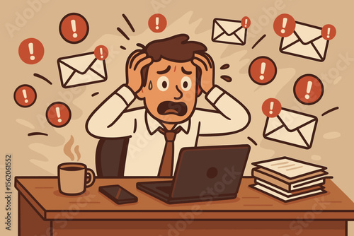 Information overload and burnout concept. Stressed cartoon businessman overwhelmed by email notifications and work pressure. Office worker anxiety, mental fatigue, and deadline panic.