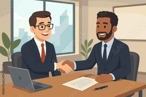 Successful diverse business partners shaking hands over a contract in a modern office. Men celebrating a corporate deal. Concept of partnership, agreement, and collaboration.