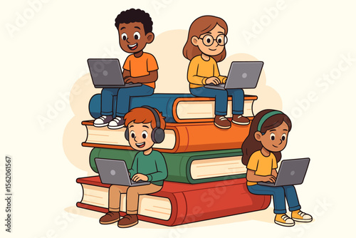 Group of diverse kids engaged in e-learning using laptops while sitting on a giant stack of books. Online education, modern knowledge, and digital learning concept. Cartoon vector.