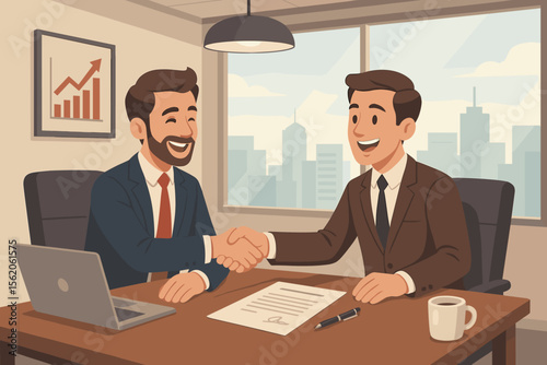 Successful business partners shaking hands after signing contract. Two businessmen finalize deal in modern office meeting. Corporate agreement, negotiation success vector concept.