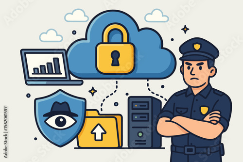 Cybersecurity concept. Secure cloud computing. Police officer guard. Data protection service. Information privacy. Anti-surveillance shield. Padlock lock. Server database security.