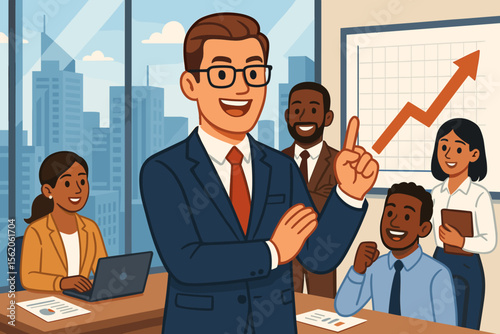 Manager leads presentation on business growth with a diverse team. Entrepreneur explaining success strategy in a modern office. Corporate teamwork with rising arrow graph. Vector.