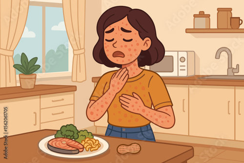 Woman experiencing severe allergic reaction to food. Character with skin rash, hives, red spots on face and body after eating peanuts. Anaphylaxis symptom vector illustration.