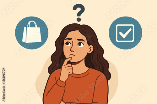 Confused woman making a choice between shopping and tasks. Thoughtful girl with question mark facing a dilemma. Vector concept of decision making, analyzing options and priorities.