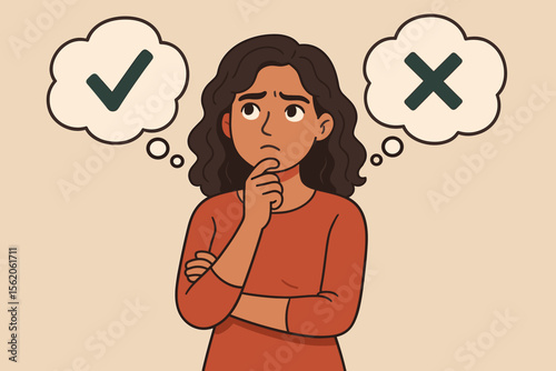Woman facing a difficult choice between two options, yes or no. Concept of dilemma, decision making, doubt, and problem solving. Thoughtful girl contemplating right and wrong.