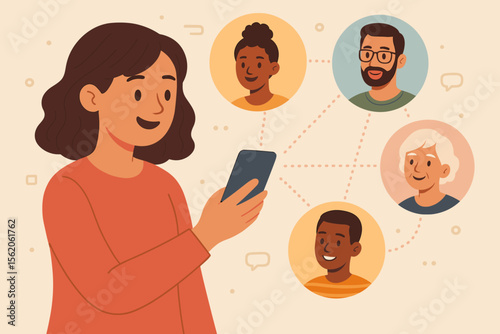 Woman using a smartphone for social media networking, connecting with a diverse group of people. Digital communication concept. Virtual community, online friends, remote connection.