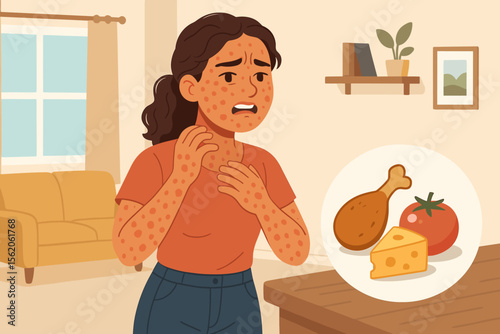 Food allergy vector illustration. Woman character suffering from skin rash and hives. Girl with red itchy spots, urticaria symptoms after eating allergens. Medical intolerance concept.