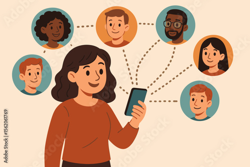 Woman holding a smartphone connecting with a diverse group of people. Social media network, online communication, and global community concept. Flat cartoon vector illustration.