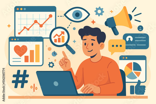 Social media marketing manager at computer. Man analyzing business statistics, charts, and graphs for a growth strategy. SEO, advertising, and promotion concept. Flat vector.