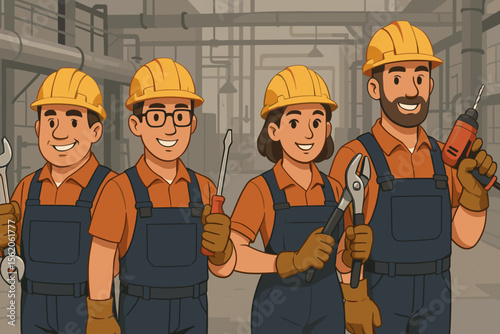 Industrial workers team with repair tools for maintenance service. Group of cartoon characters, technicians and builders in hard hats in a factory setting. Vector illustration concept.