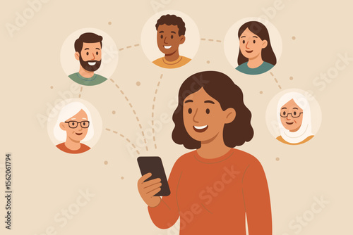 Woman using smartphone for social networking, connecting with a diverse group of people. Online community and digital communication concept. Global connection with friends and family.