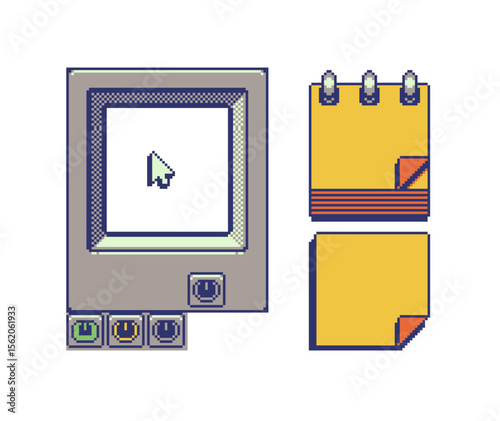 Game boy interface, pixel art design, notebook sheet, retro 80s console gaming app, video game, flat style, old school computer graphic design, 8-bit sprite, game assets, vector illustration.